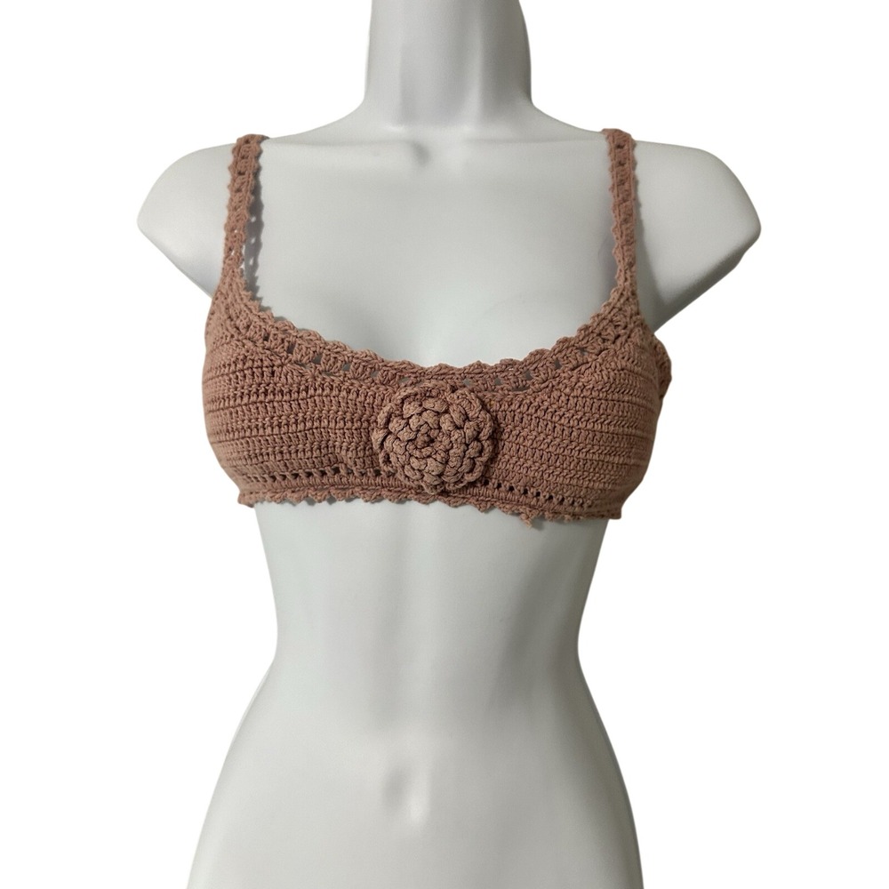 SHE MADE ME Rose Crochet Bikini Top Bralette S/M Mauve Pink Floral Cotton Boho